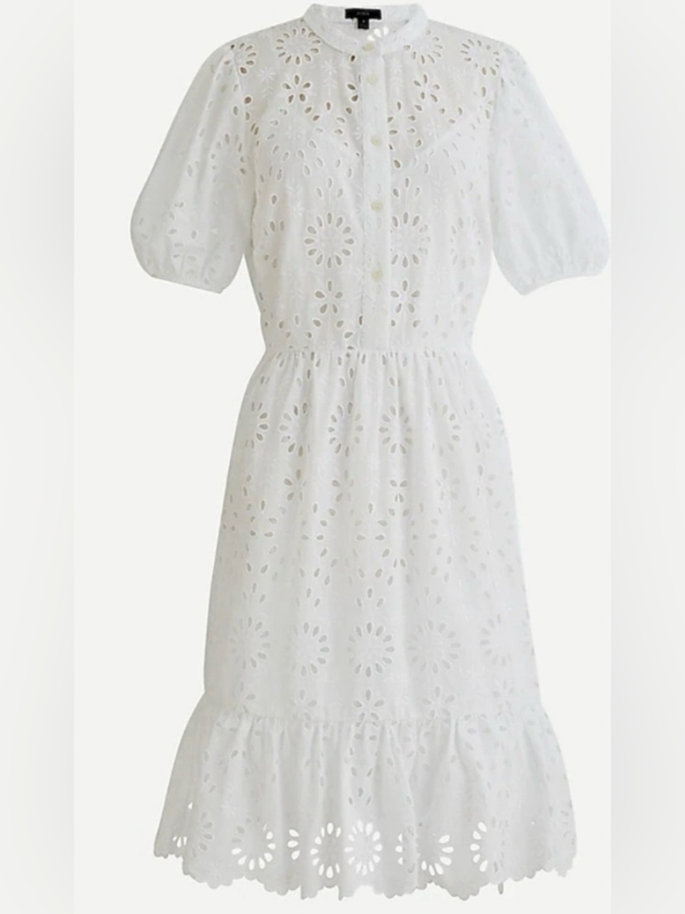 NWOT J crew puff sleeve eyelet dress white with pockets. Size 10.